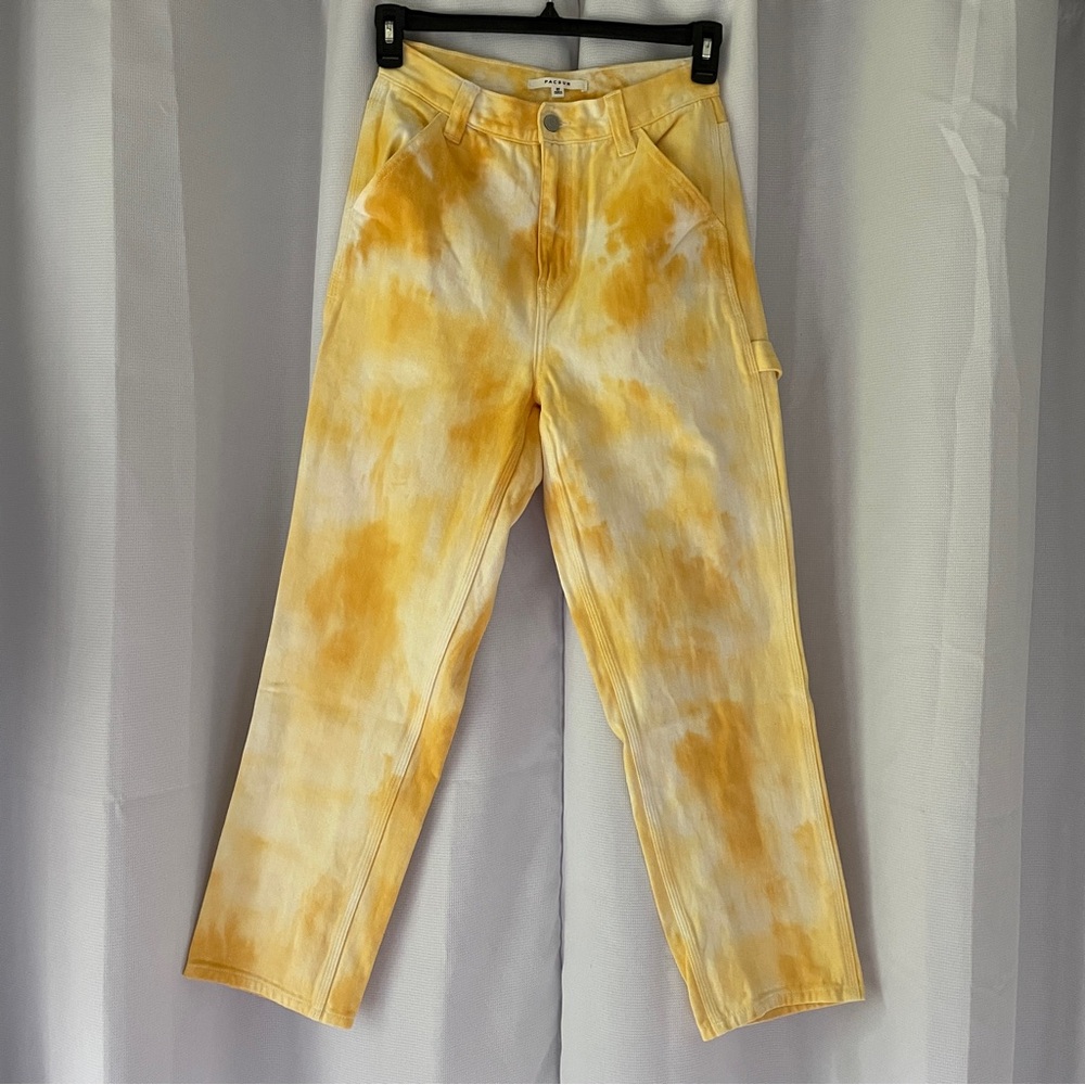 Pacsun Pants Womens Sz 27 Yellow White Tie Dye Denim Jeans Pocket Cargo 27X28